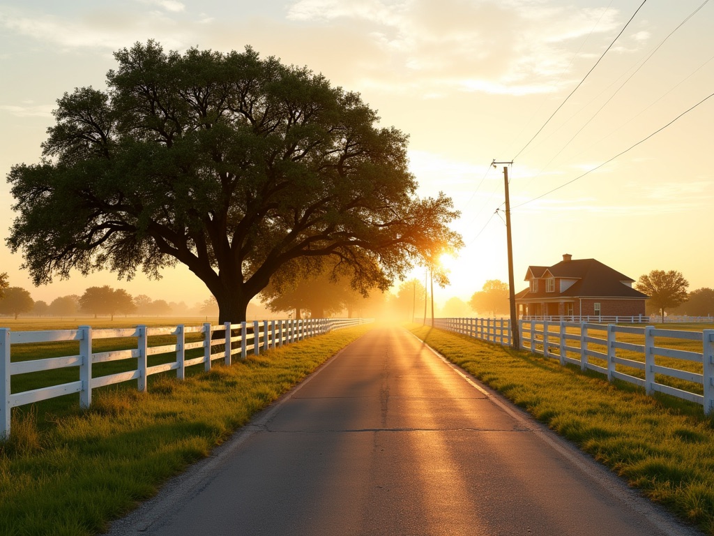 Country road with ranch fencing and pastures in Waller, Texas